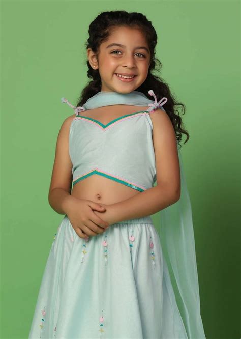 Kalki Mint Blue Embroidered Blouse And Lehenga Set In Net For Girls
