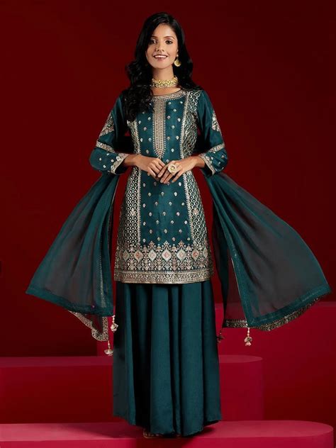 Buy Libas Art Green Embroidered Silk Straight Suit With Dupatta Online ...