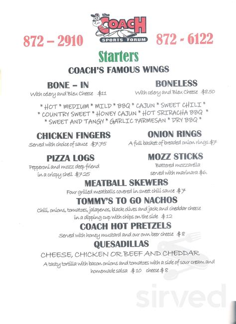 Coach Sports Bar menu in Webster, New York, USA