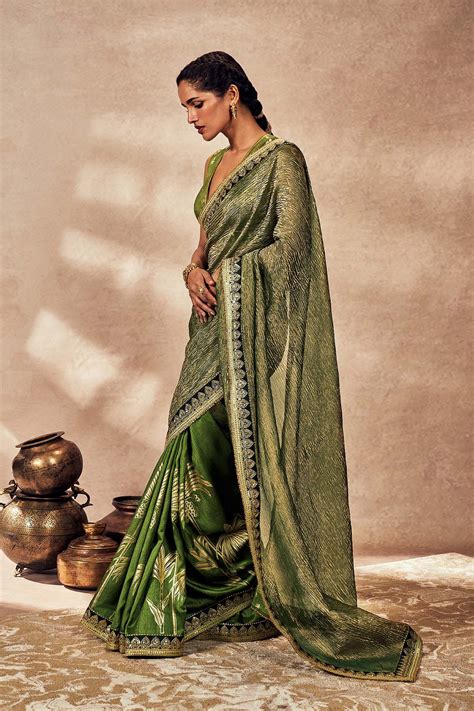 Green Palm Blooms Tissue Saree – House Of Masaba