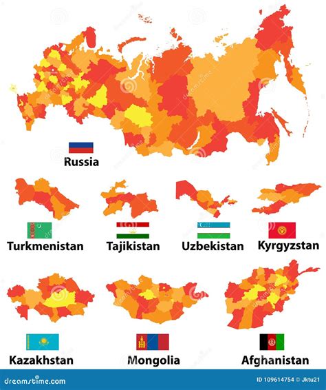 Vector Set of Maps and Flags of Asian Countries with Administrative ...