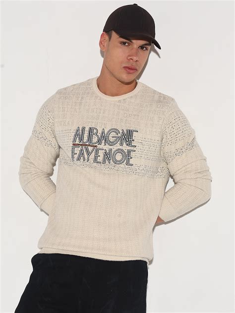 Shop Men's Typography Cream Ribbed Round Neck Sweater | Showoffff
