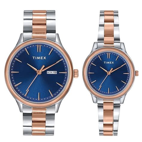 TIMEX Analog Watch for Couple with Blue Round Dial & Two Tone Stainless ...