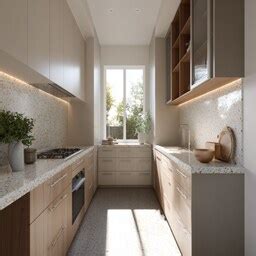 Modern L-Shaped Kitchen Design with Peach Brown and White Finish