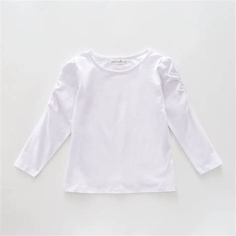 Classic Long Sleeve White Tee With Scoop Neck And Ruching Sleeve