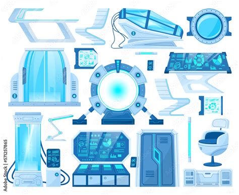 Futuristic spaceship interior elements. Cartoon alien cosmic ship ...