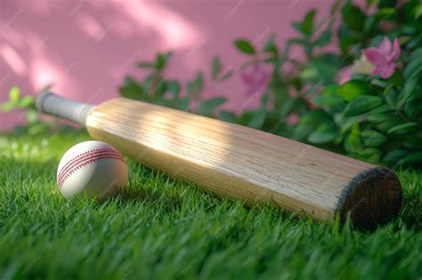 A closeup of a cricket bat and ball positioned on a grassy field with ...