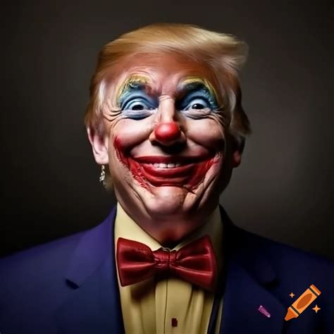 A portrait of Donald Trump wearing clown makeup and a golden crown, in ...
