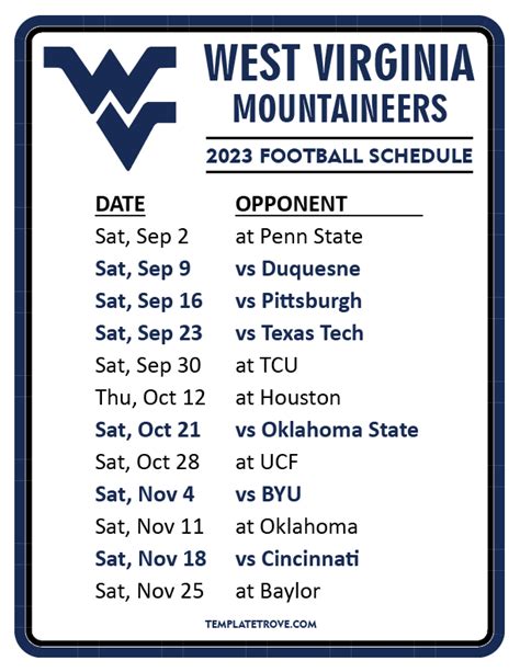 Printable 2023 West Virginia Mountaineers Football Schedule