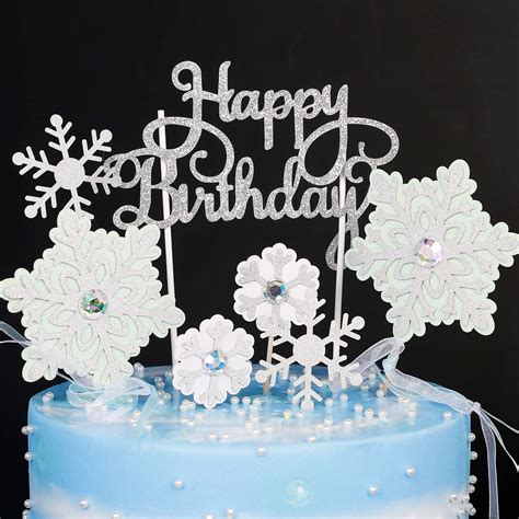 Partywoo Frozen Cake Toppers 7 Pcs Snowflake Happy Birthday Cake ...