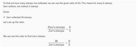 If sam collected 36 stamps how many did joe collect in a ratio of 6:5 ...