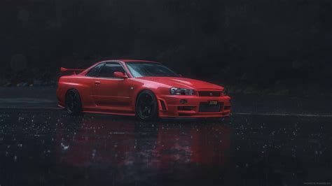 Nissan Skyline GT-R R34 In The Rain Live Wallpaper - MoeWalls