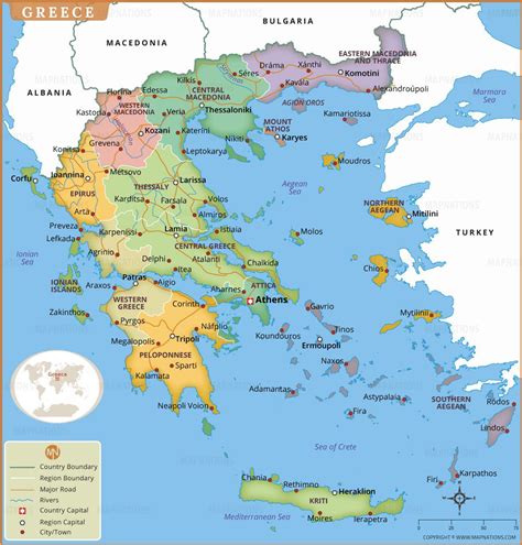 Map of Greece - Regions, Capitals, Cities, Roads and Rivers