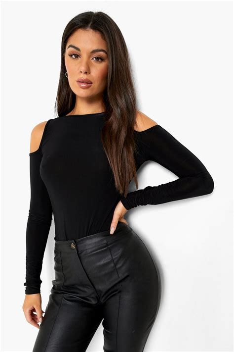 Slinky Double Layer Cold Shoulder Long Sleeve Bodysuit | boohoo USA