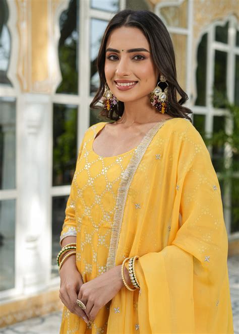 Aradhya Yellow Jacquard Anarkali Suit set with Dupatta – EverBloom
