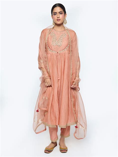 Light Blue Hand Embroidered Chanderi Suit - Set of 3