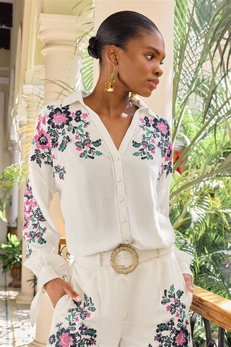 Buy V&A | Love & Roses White Embroidered Linen Button Through Shirt ...