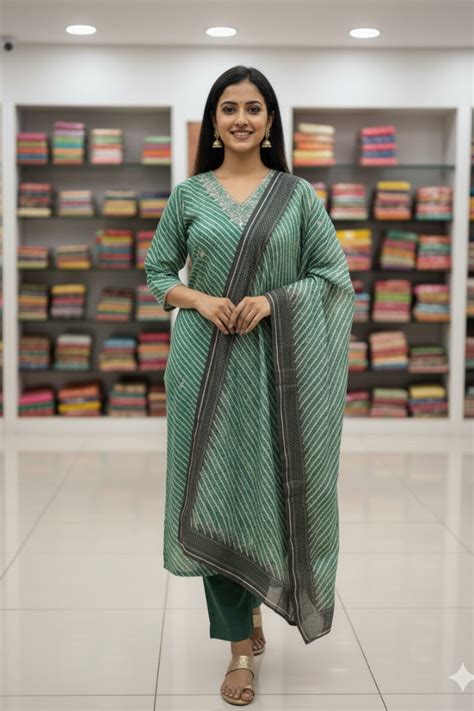 Green Striped Kurta Set: Stylish Print & Neck Detail – Qurbat