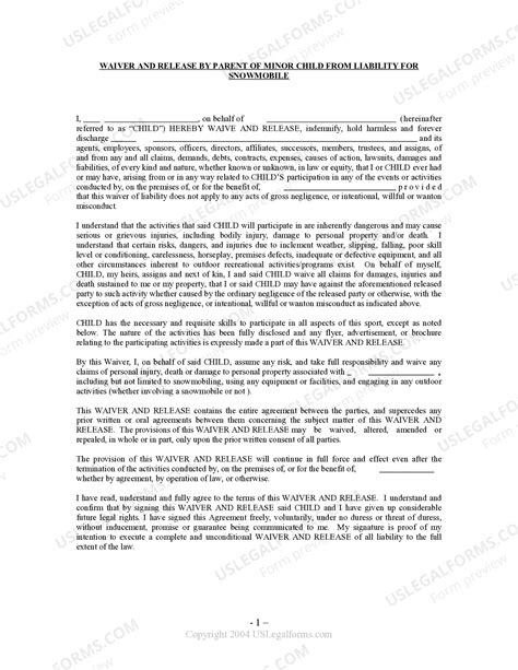 Arizona Waiver and Release From Liability For Minor Child for ...