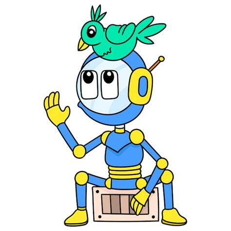 Cute robot is sitting and playing with little bird friends doodle draw ...