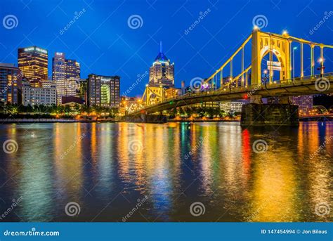 The Roberto Clemente Bridge and Pittsburgh Skyline at Night, Seen from Allegheny Landing, in ...