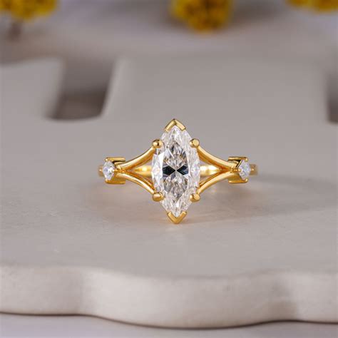 Marquise Cut Unique Split Shank Three Stone Moissanite Engagement Ring ...