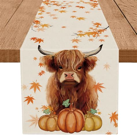Amazon.com: Fall Table Runner Cow Pumpkin Linen Seasonal Kitchen Dining ...