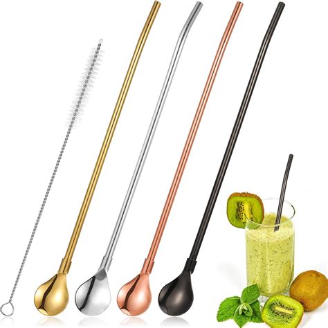 Amazon.com: 4 Pieces Spoon Straws Stainless Steel Drinking Spoon Straws ...