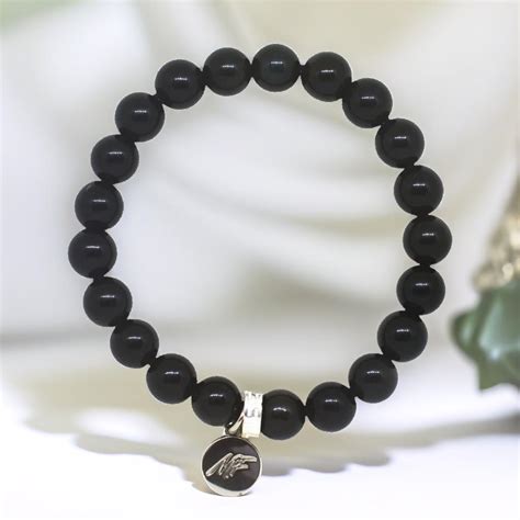 Black Obsidian Flat Silver Bead Bracelet (8 MM) | Natural Stone ...