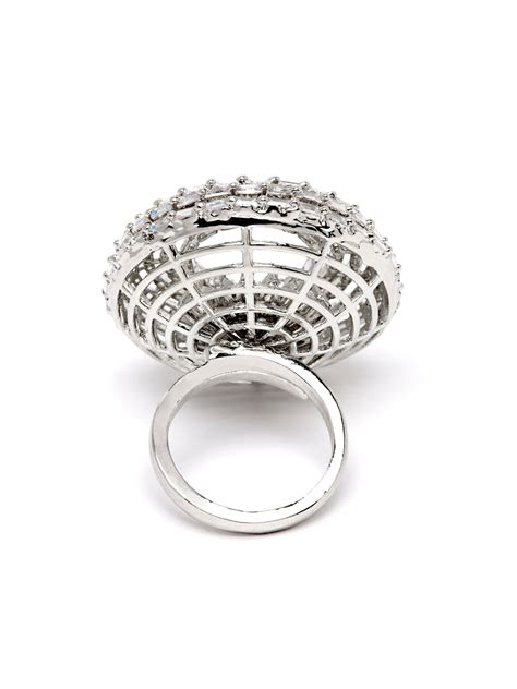 Karatcart Silver Plated Pearl Studded Cubic Zirconia Cocktail Ring for