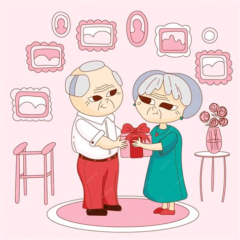 Zabawna ilustracja z dziadkami trzymającymi prezent Radosna starość ...