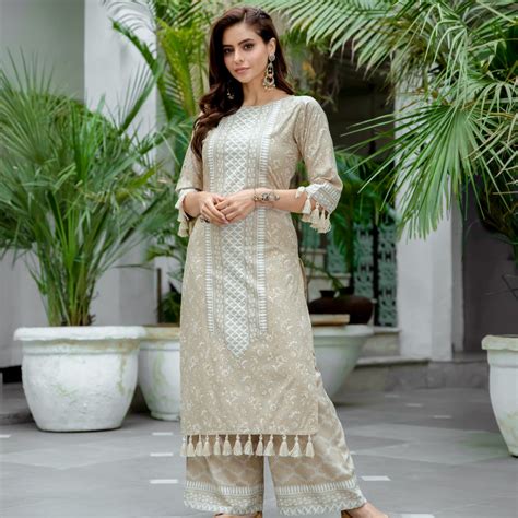 Buy Beige Kurta Palazzo Co-ord Set with Tassel Details | Rustorange