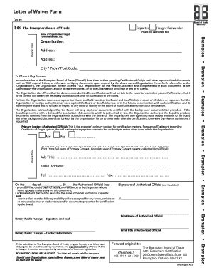 2013 Canada Brampton Board of Trade Letter of Waiver Form Fill Online ...