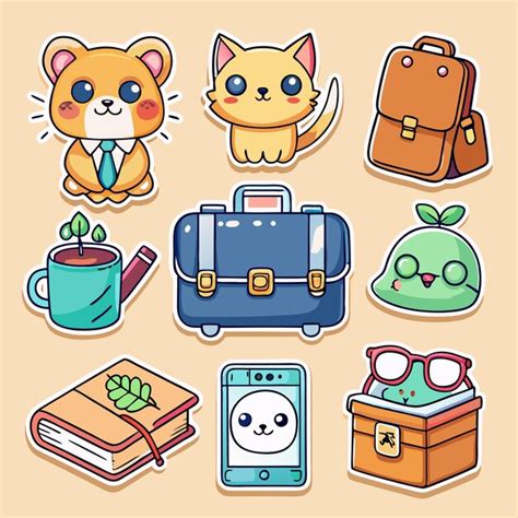 Nine cute cartoon stickers with a cat a dog a book a suitcase a phone ...