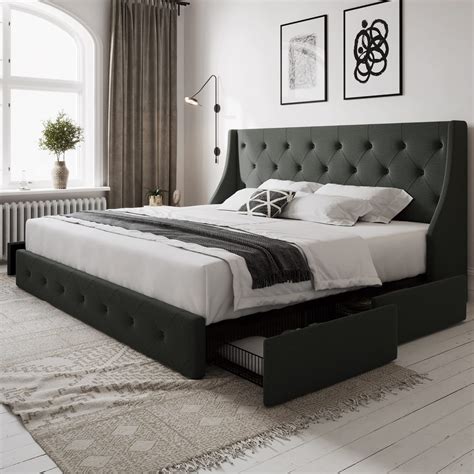 Amazon.com: Allewie King Size Bed Frame with 4 Storage Drawers and ...