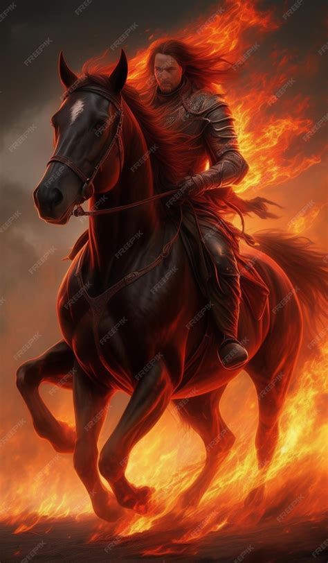 A man riding a horse with a red mane and a black mane | Premium AI ...