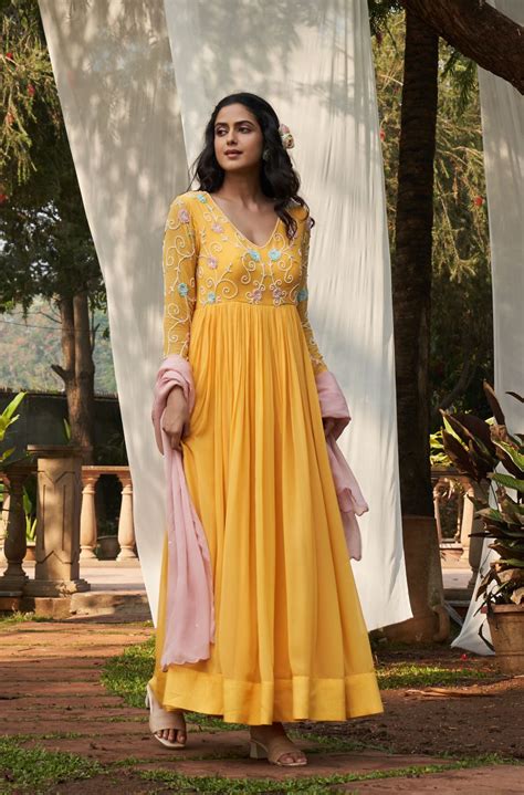 Yellow Hand Embroidered Georgette Anarkali With Contrast Pink Dupatta ...