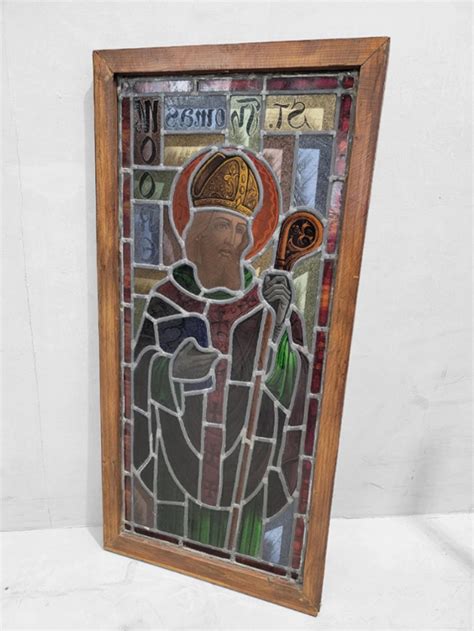 Antique St. Thomas Moore Church Salvage Wood Framed Stained Glass ...