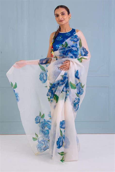 Luxuriant 1-Minute Ready To Wear Off White Organza Silk Saree – thelotusfab