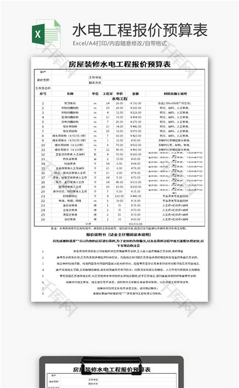 房屋装修水电工程报价预算表Excel模板_千库网(excelID：148431)