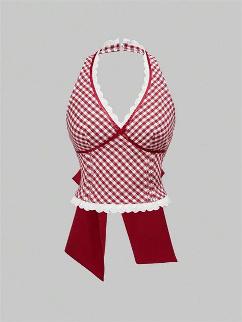 ROMWE Kawaii Cute Gingham Patchwork Floral Lace & Bow Back Detail Slim ...