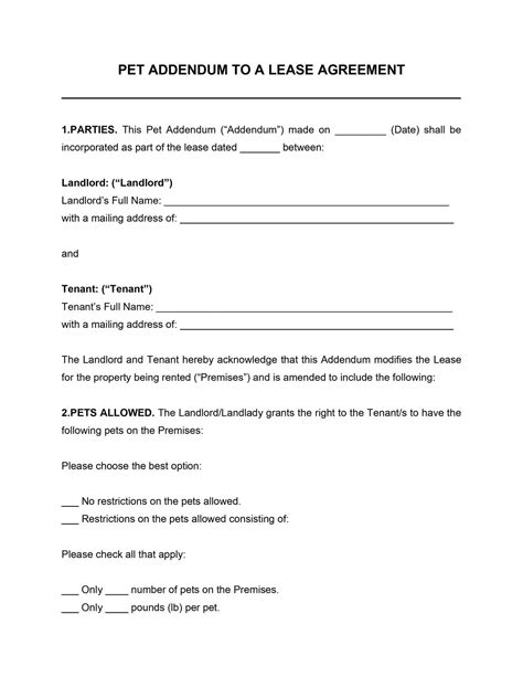 Pet Addendum to a Lease Agreement Template