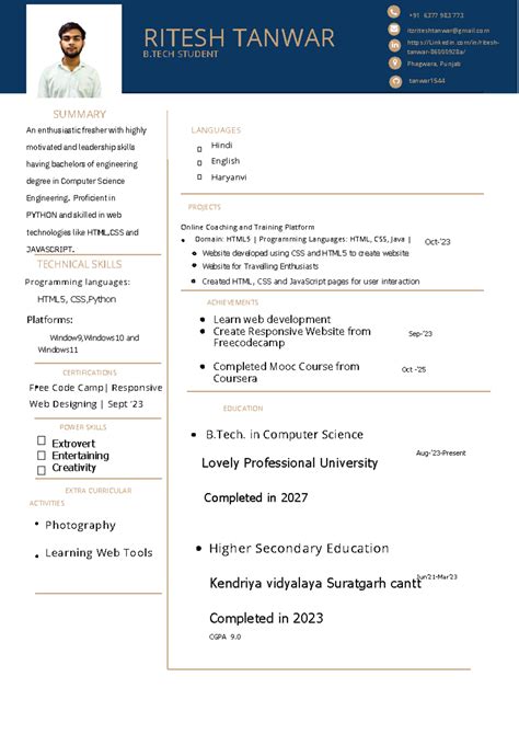 Ritesh CV - RITESH TANWAR B STUDENT SUMMARY POWER SKILLS CERTIFICATIONS ...