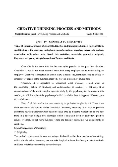 Channels TO Creativity - CREATIVE THINKING PROCESS AND METHODS Subject ...
