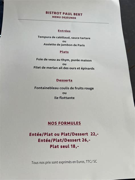 Menu at Bistrot Paul Bert restaurant, Paris