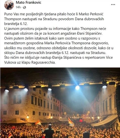 DAN BRANITELJA Franković objavio da će Thompson pjevati u Dubrovniku ...