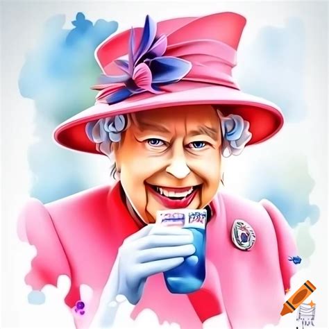 Watercolor painting of Queen Elizabeth II smiling while holding a drink on Craiyon