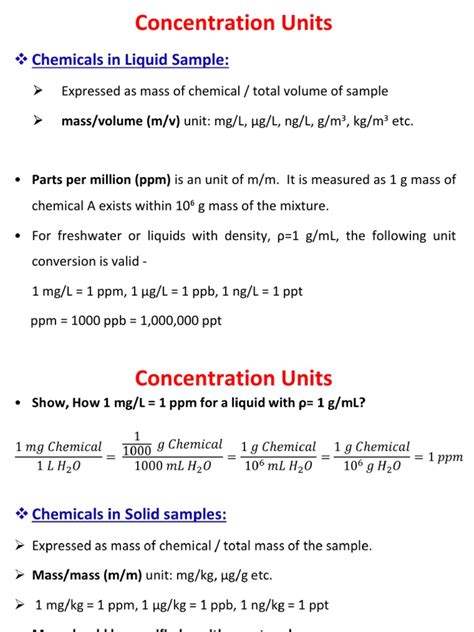 Concentration Units: Chemicals in Liquid Sample | PDF | Parts Per Notation | Molar Concentration