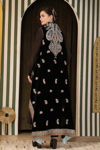 Buy Black Silk, Velvet Embroidery Round Neck Paisley Butti Anarkali Set ...