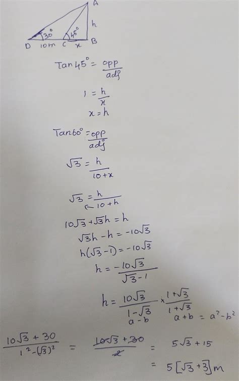 11. In the figure alongside, given DC = 10 m, angle ACB = 45°, angle ...